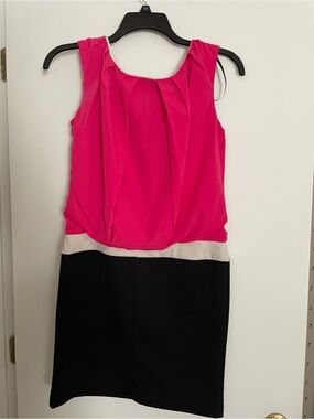 Worthington Pink, Black and Cream Colorblock Blouson Dress